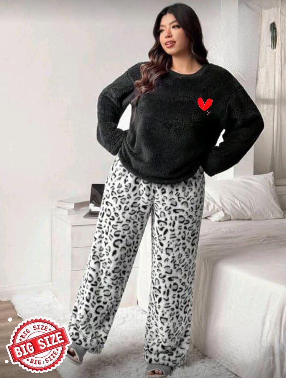 Hl3321 plus size 2 pcs pj set / solid color top with leopard print pant